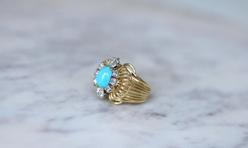 Bague 52.5 Bague Cocktail Turquoise et Diamants Or jaune 58 Facettes