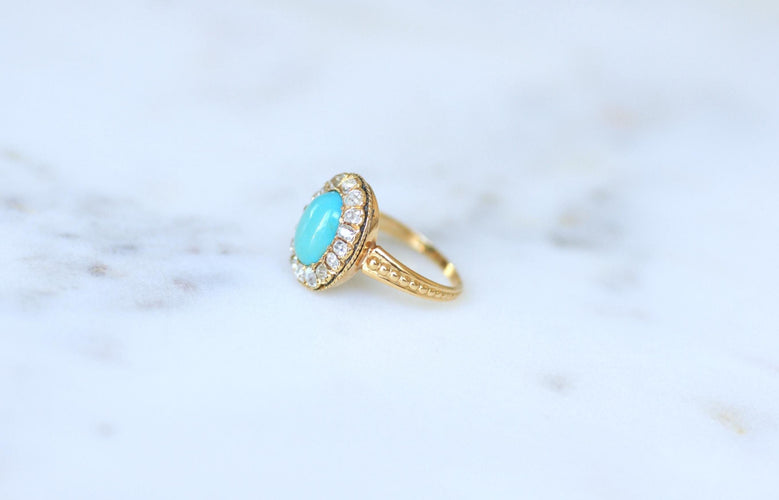 Bague 54 Bague Marguerite ancienne Turquoise et Diamants 58 Facettes