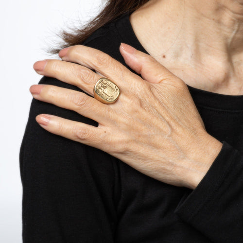 Bague Chevalière Art déco vintage avec blason familial, or jaune 14 carats, taille 7,5 58 Facettes G14015