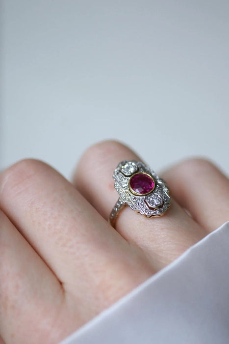 Bague Marquise Art Déco Rubis Birman et Diamants