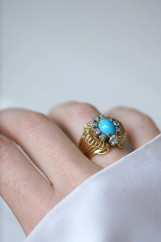 Bague 52.5 Bague Cocktail Turquoise et Diamants Or jaune 58 Facettes