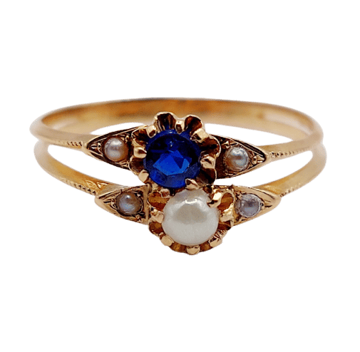 Bague 56 Bague toi et moi or rose, pierre bleue et perles (circa 1900) 58 Facettes A06251