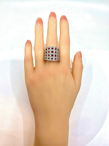 Bague 56 Bague bandeau cocktail Or blanc Rubis Diamants 58 Facettes AB 291