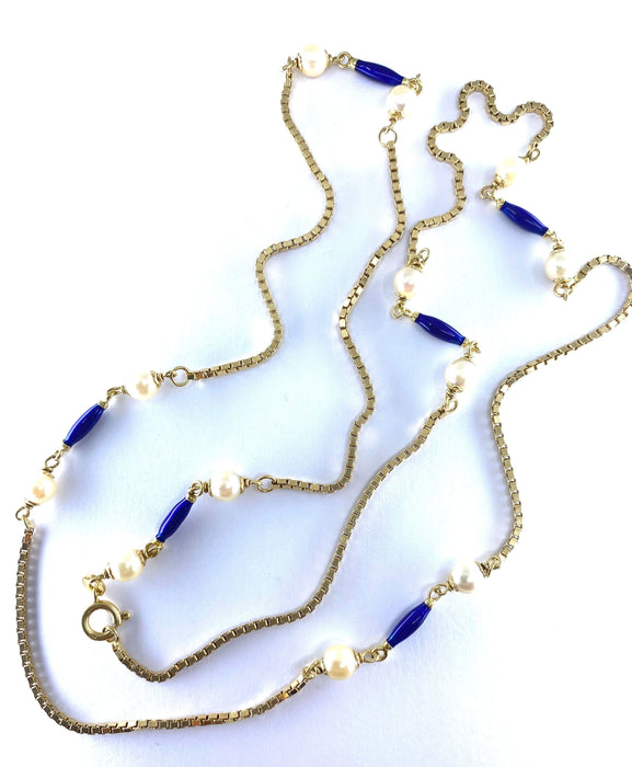 Collier Collier chaine or jaune perles et émail bleu 58 Facettes AB377