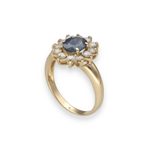 Bague 56 Bague entourage en or jaune 18K avec saphir Siam 1,50 ct et 0,60 ct de diamants H-SI – Taille 56 58 Facettes