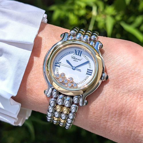 Montre Chopard Happy Sport Date Jewelry 7 Diamonds 5 Emeralds 18k Gold Steel 58 Facettes