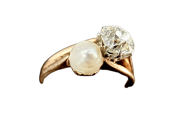 Bague 56 Bague ancienne or blanc et rose, perle fine et diamant 58 Facettes
