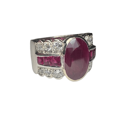 Bague or blanc, diamants, rubis