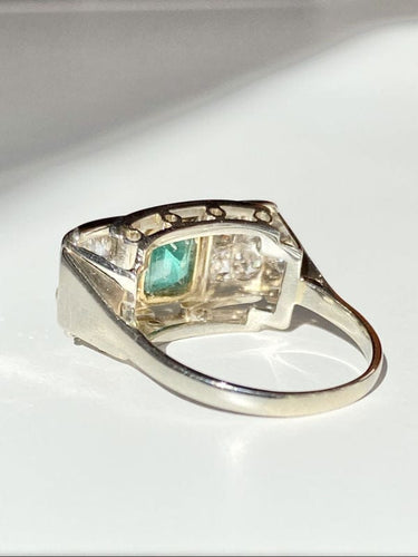 Bague 59 Bague Tank en or blanc et jaune 18k émeraude et diamants 58 Facettes