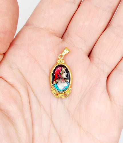 Pendentif style Art Nouveau or rose, émail jeune fille Limoges 58 Facettes A06216