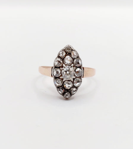 Bague 54 Bague marquise antique en or rose 18k et argent, diamant et diamants roses 58 Facettes A06417