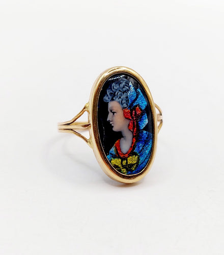 Bague Art nouveau Limoges plaque émaillée profil féminin en or 18k