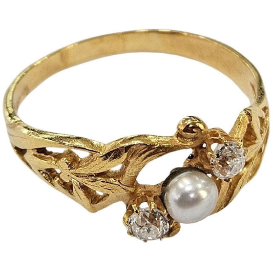 Bague Bague Art Nouveau diamants old mine et perle de culture en or jaune 18k 58 Facettes A834