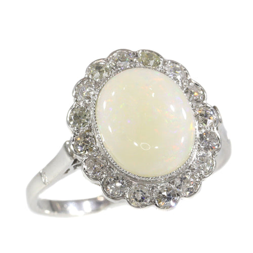 Bague 57 Bague de fiançailles vintage en platine avec diamants et opale 58 Facettes 21019-0035