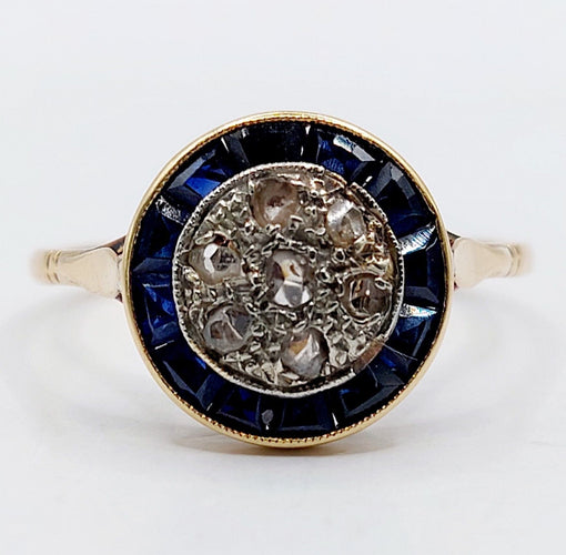 Bague 56.5 Bague cible art déco or jaune, diamants et saphirs calibrés synthétiques 58 Facettes A05652