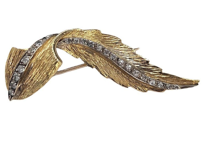Broche Broche plume Masriera, années 1950, or jaune et blanc, diamants 58 Facettes E26