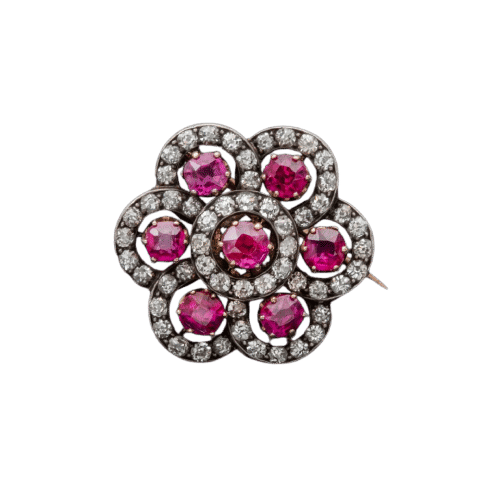 Broche Broche Fleur Or Jaune Argent Rubis Birmans Diamants 58 Facettes LOT 1219