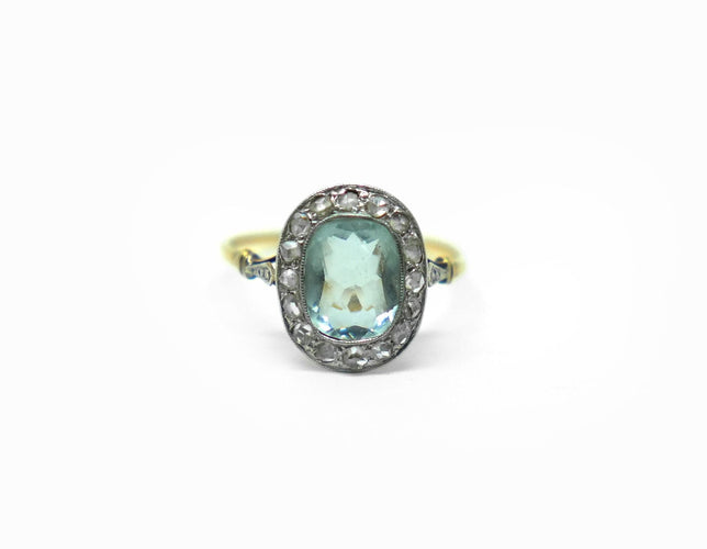 54 Bague Marguerite en or jaune, platine, aigue-marine et diamants 58 Facettes
