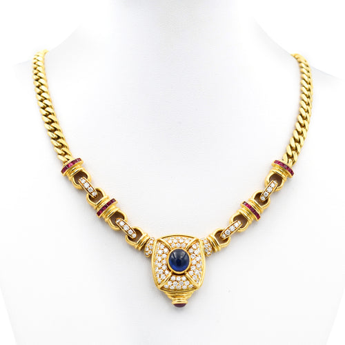 Collier en or jaune orné de saphirs du Sri Lanka, de diamants et de rubis
