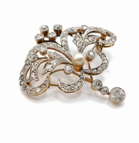 Broche Broche Art Nouveau "Constantia" transformable – Diamants, perle, or jaune et argent 58 Facettes 212
