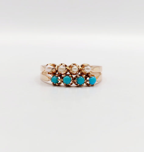 Bague 56.5 Bague antique or rose 18k perles et turquoises (circa 1900) 58 Facettes A05999