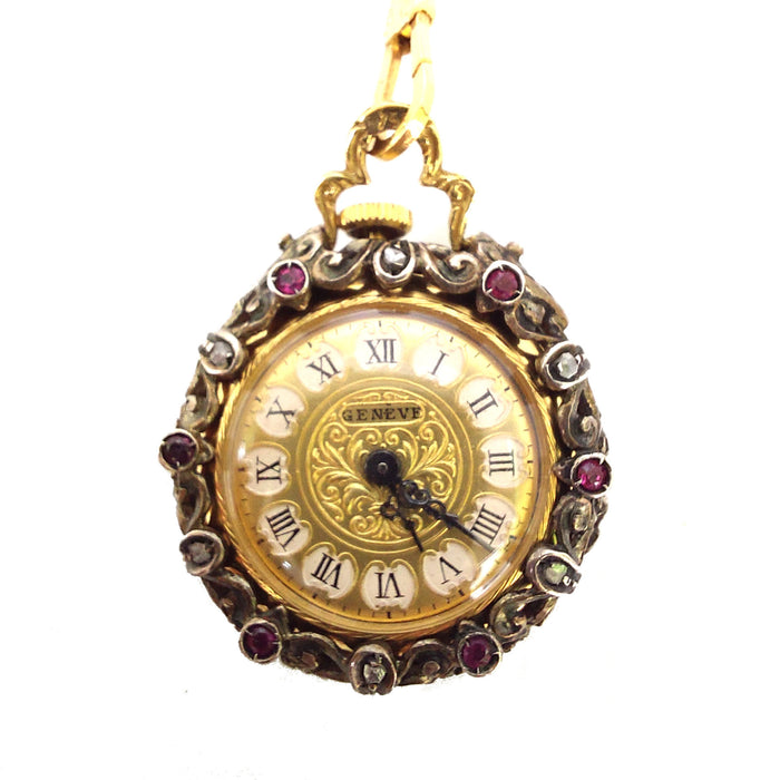 Longue chaine et montre de gousset, XIXè, or et argent, miniature