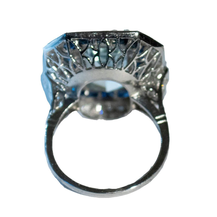 Bague 54 Bague en platine de style Art Déco avec diamants, aigue-marine et saphirs 58 Facettes CH33