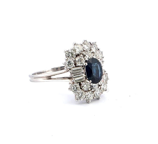 Superbe bague vintage en or blanc, saphir et diamant