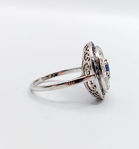 Bague 51 Bague cible art déco en platine, saphir et diamants taille ancienne 58 Facettes A06489
