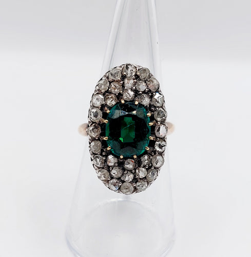 Bague marquise antique en or rose 18k et argent, doublet grenat vert et diamants
