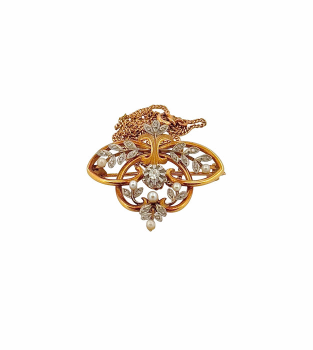 Pendentif Broche Pendentif ancien or jaune, perles, diamants 58 Facettes