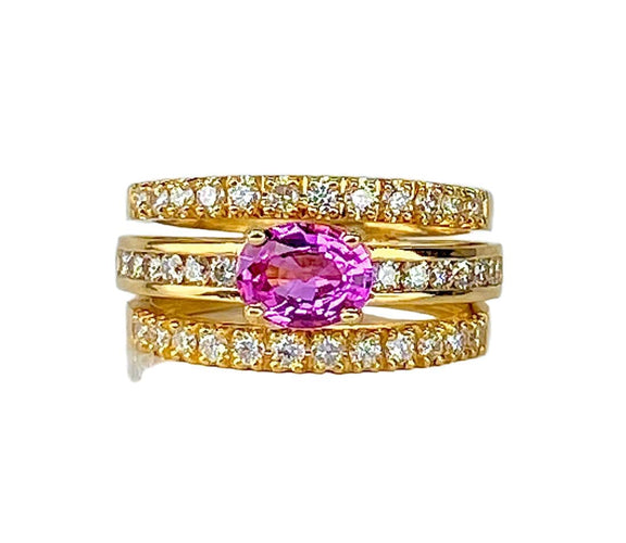 Bague 53 Bague jonc bandeau or jaune, saphir rose, diamants. 58 Facettes AB631
