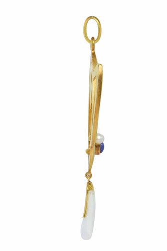 Pendentif Coup de fouet romantique : pendentif Art nouveau avec diamants, saphir et perle rare 58 Facettes 24292-0258