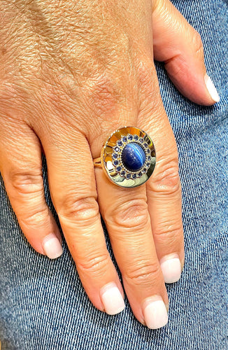 Boucles d'oreilles Parure 4 pièces en or jaune 18 carats saphirs bleus et chrysobéryls oeil de chat 58 Facettes