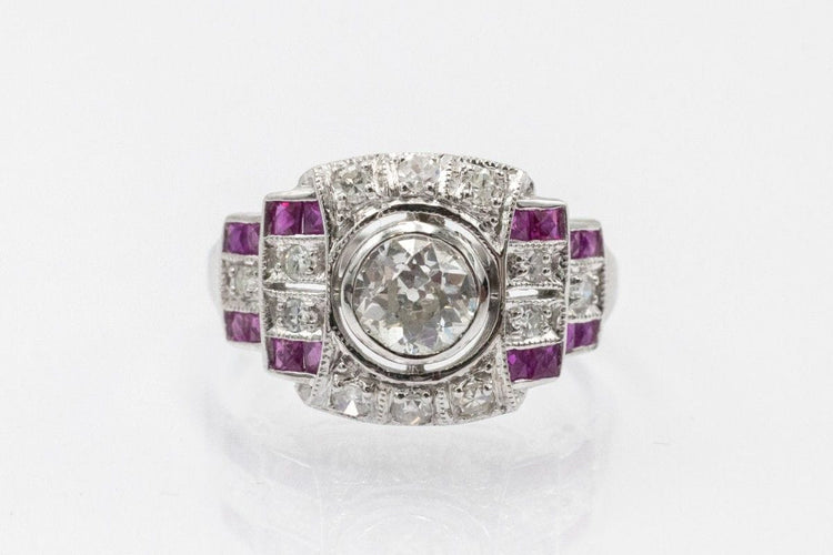 Bague Art Déco géométrique en or blanc 14k avec diamants et rubis