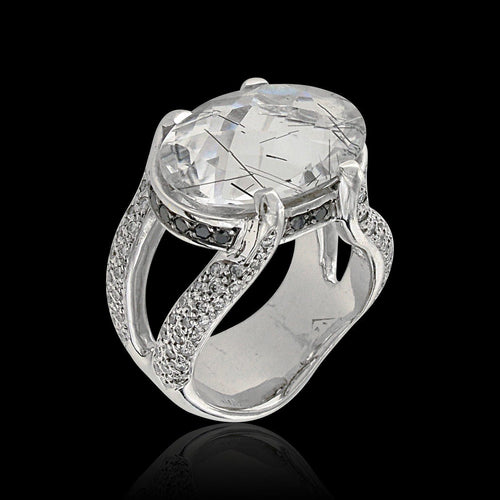 Bague 53 Bague en or blanc, quartz cristal de roche et diamants naturels 58 Facettes AG-20X1183