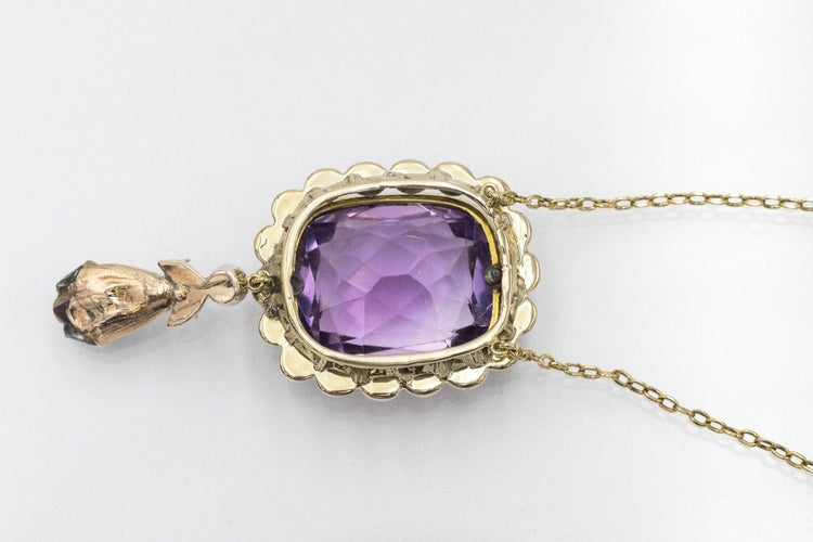Collier Collier en or jaune et argent, imposante améthyste et diamants taille rose, vers 1900 58 Facettes 11294