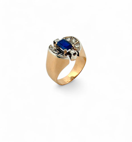 Bague 58 Bague ancienne en or et argent , saphir de Siam et diamants 58 Facettes