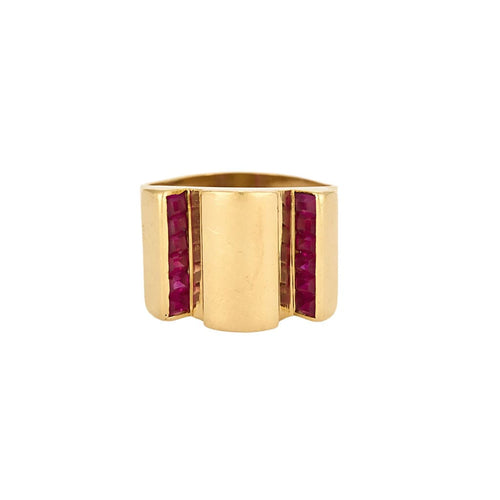 Bague Tank en or jaune et rubis de synthèse calibrés