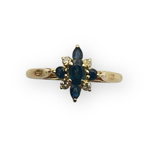 Bague marguerite revisitée en or jaune 750 et saphirs, diamants