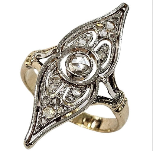 Bague 51 Bague navette Art déco diamants taille rose et hollandaise en or jaune et platine 58 Facettes E43