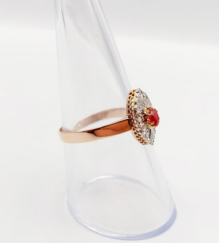 Bague 56 Ancienne bague marquise or rose, pierre rouge et diamant taille rose (1900) 58 Facettes A05951
