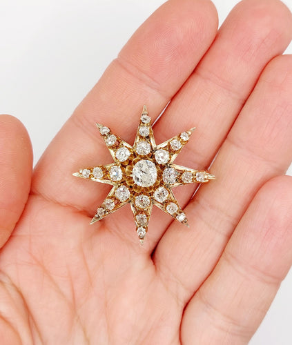 Pendentif Pendentif broche étoile antique en or 14K et diamants taille ancienne 58 Facettes A06490