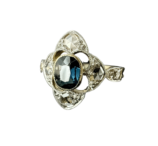 Bague 50 Bague Art Nouveau or et platine sertie d'un saphir et de roses de diamant 58 Facettes