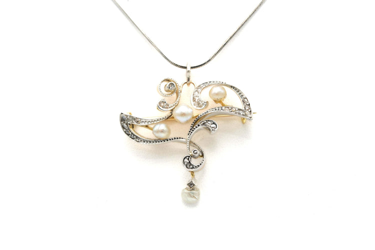 Collier Collier Art Nouveau en or jaune 18 carats et argent 925, perles et diamants taille rose 58 Facettes B778