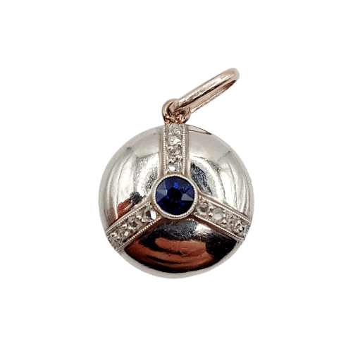 Pendentif cible art déco en or blanc 18k et platine, saphir synthétique et diamants