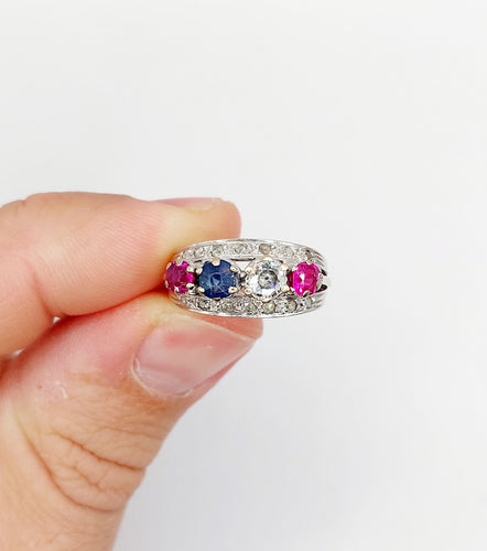 Bague 51 Bague jarretière art déco or blanc diamant, saphir et rubis 58 Facettes A03240