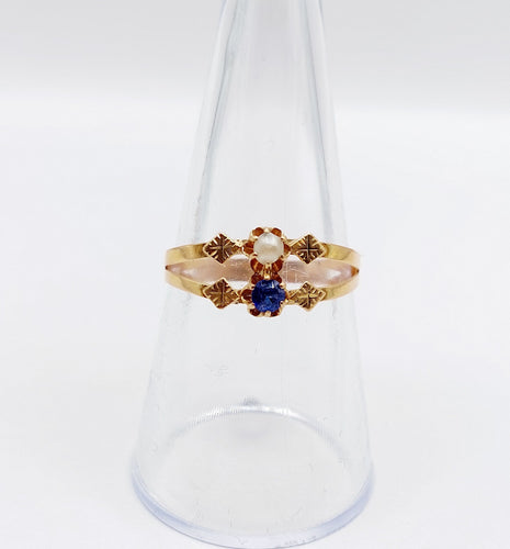 Bague 57 Bague toi et moi antique en or rose 18k perle et pierre bleue 58 Facettes A06504