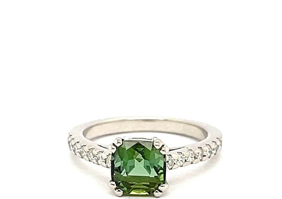 Bague Or Blanc 18 Carats Tourmaline Taille Coussin et Diamants