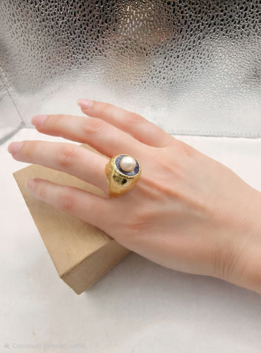 Bague 49.5 Bague chevalier perle et émail en or jaune 18k 58 Facettes